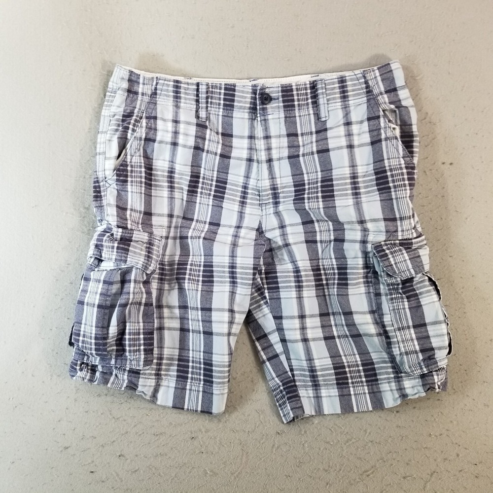 Old Navy cargo shorts men's 36x11 blue plaid heavy cotton outdoor